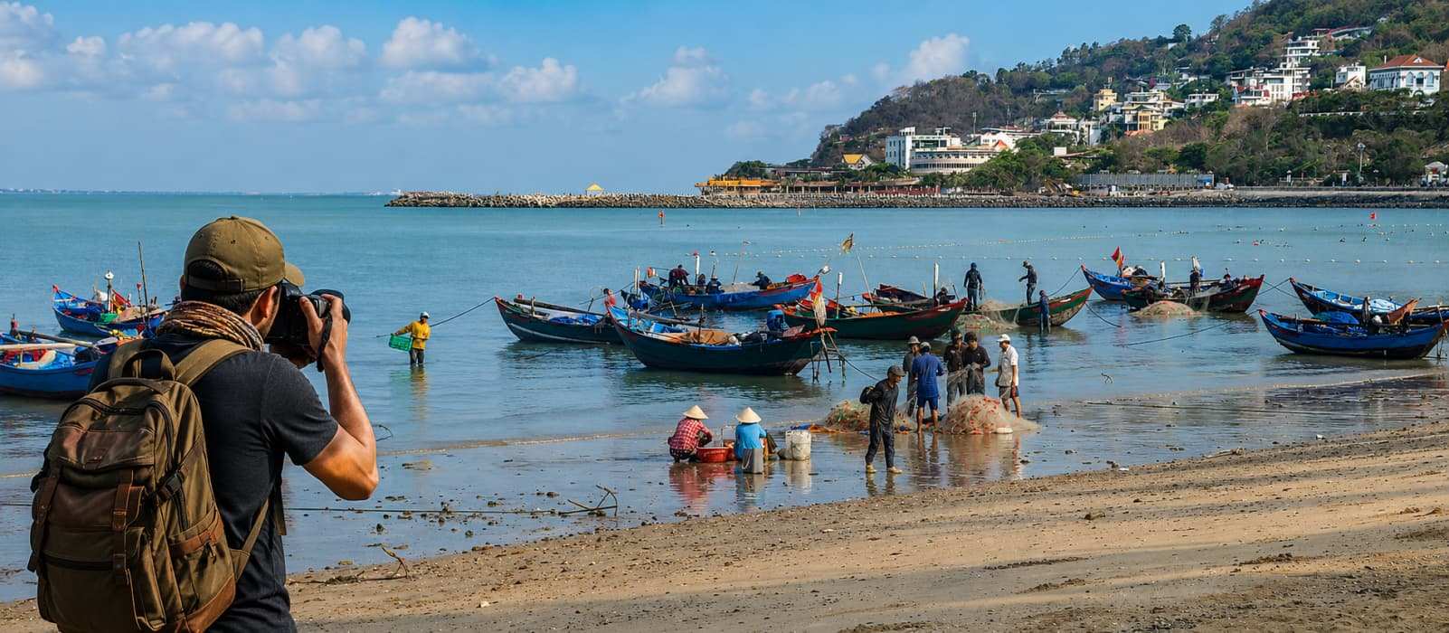 Photographer documenting fishing boats and everyday coastal life in Vung Tau, Vietnam