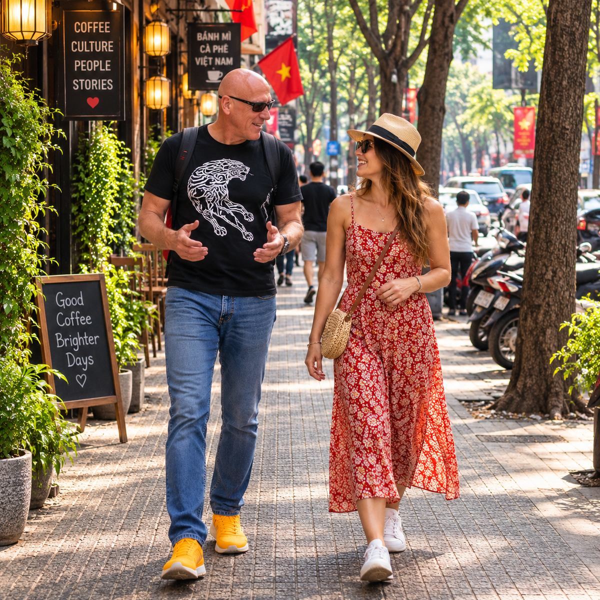 David walking and talking with a guest in Saigon