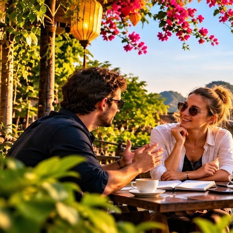 Two travelers discussing their plans over coffee in Vietnam